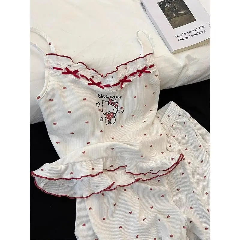 Cute sweet girl Hello kitty printed pajamas cartoon summer sleeveless shorts home clothes can be worn outside holiday gifts - view 2