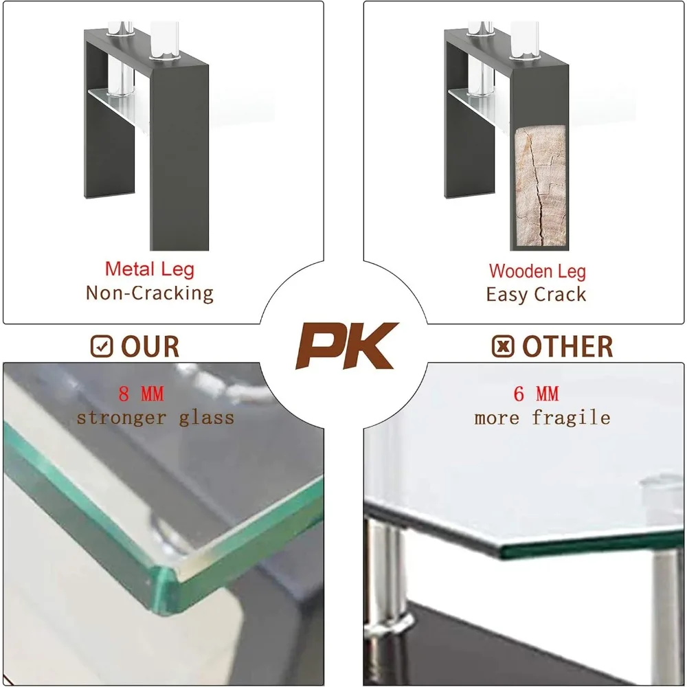 طاولة قهوة زجاجية مستطيلة بأرجل معدنية لغرفة المعيشة، طاولة نهاية أنيقة ومتينة باللون الأسود