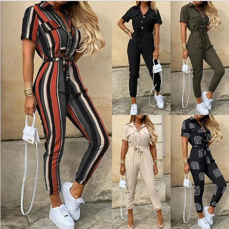 Women Autumn Winter Jumpsuit One-piece Trousers Turndown Collar Button Long Sleeve Pockets Casual Fashion Comfortable Regular