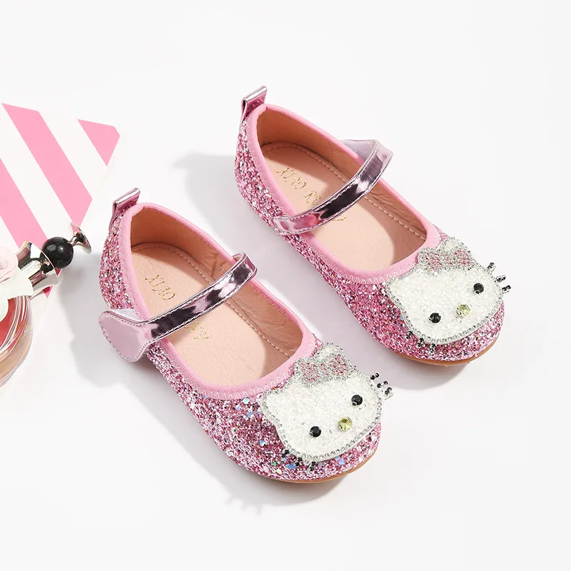 

Туфли принцессы Hello Kitty для девочек Sanrios, весенне-осенние новые детские туфли на плоской подошве, детская обувь с блестками, дышащая противоскользящая обувь