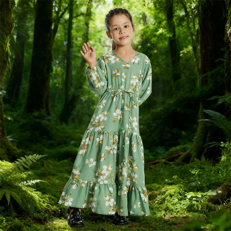 

Этнический цветочный принт Абая Рамадан Ид детский халат с длинными рукавами мусульманское платье-хиджаб для девочек Дубай Турция кафтан арабский ислам Марокко