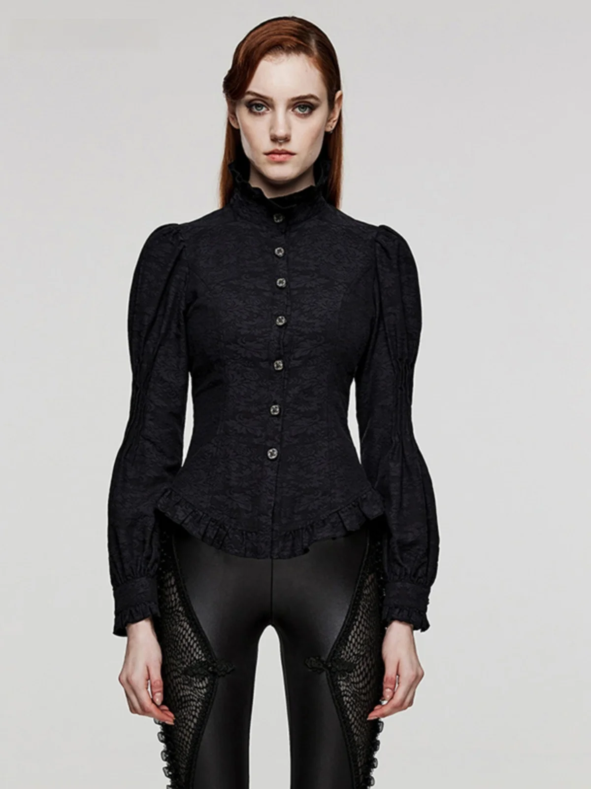 Gothic Style Women's Shirt Slim Fit Long Sleeve Back Tie Waist Dark Patterned Top Slimming Effect Cotton Viscose Blend