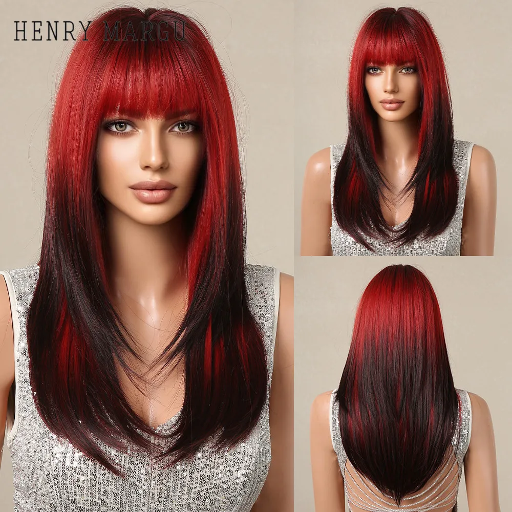 HENRY MARGU Long Straight Layered Wigs With Bangs Ombre Red to Black Wig Heat Resistant Fiber Natural Synthetic Wig for Women