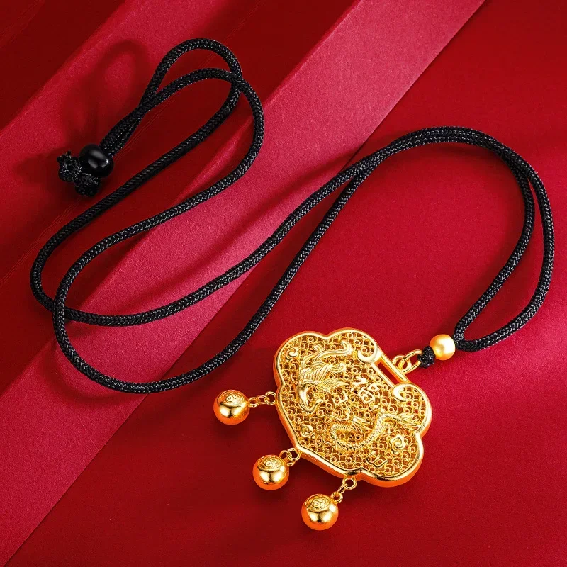 9999 Real Gold 24K Retro Ethnic Style Men's and Women's Flower Silk Hollow Long Life Lock Pendant Necklace