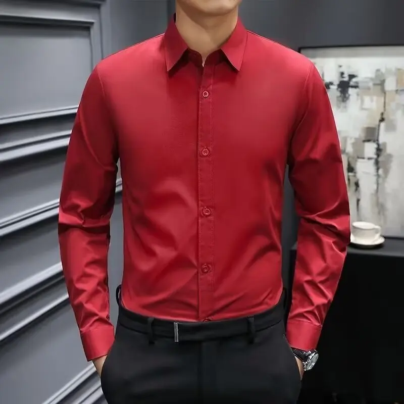 

Men's Elegant Lapel Slim Fit Business Formal Wedding Shirt Wrinkle Resistant Long Sleeved Social Shirts For Men Blouse