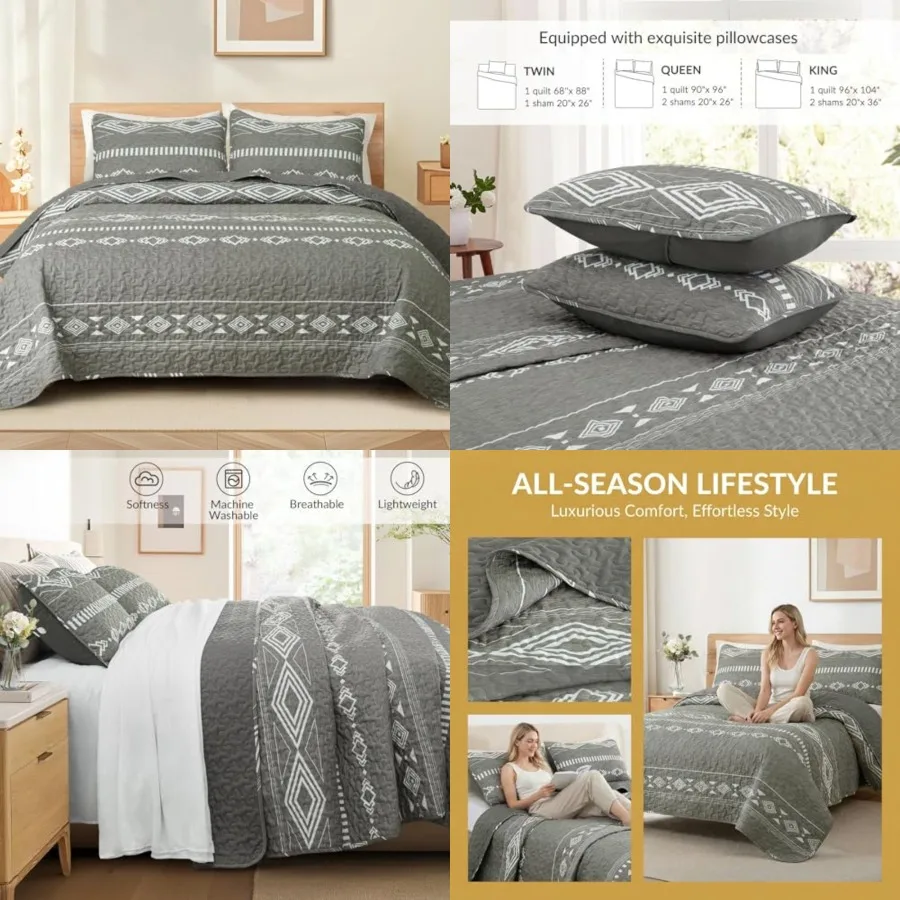 

Full Queen Size Quilt Set - Reversible Grey Quilts Queen Size with 2 Pillow Shams, Lightweight Boho Striped Bedspreads Coverlet Bedding Set for All Seasons