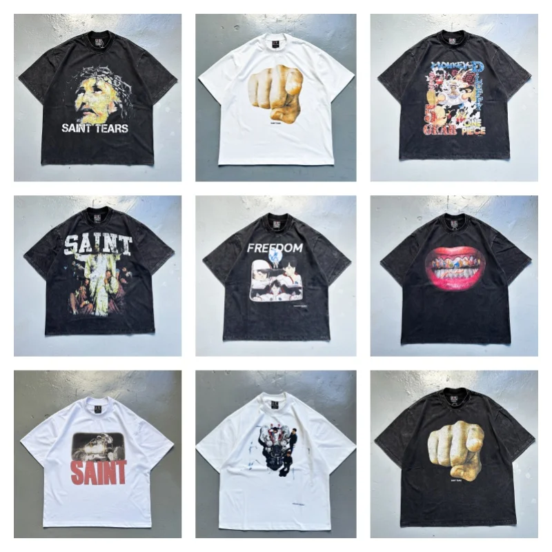 Summer Fashion Vintage Multicolour SAINT Oversized T-shirt Streetwear Industrial Wash Mens Womens Short Sleeve T-Shirt