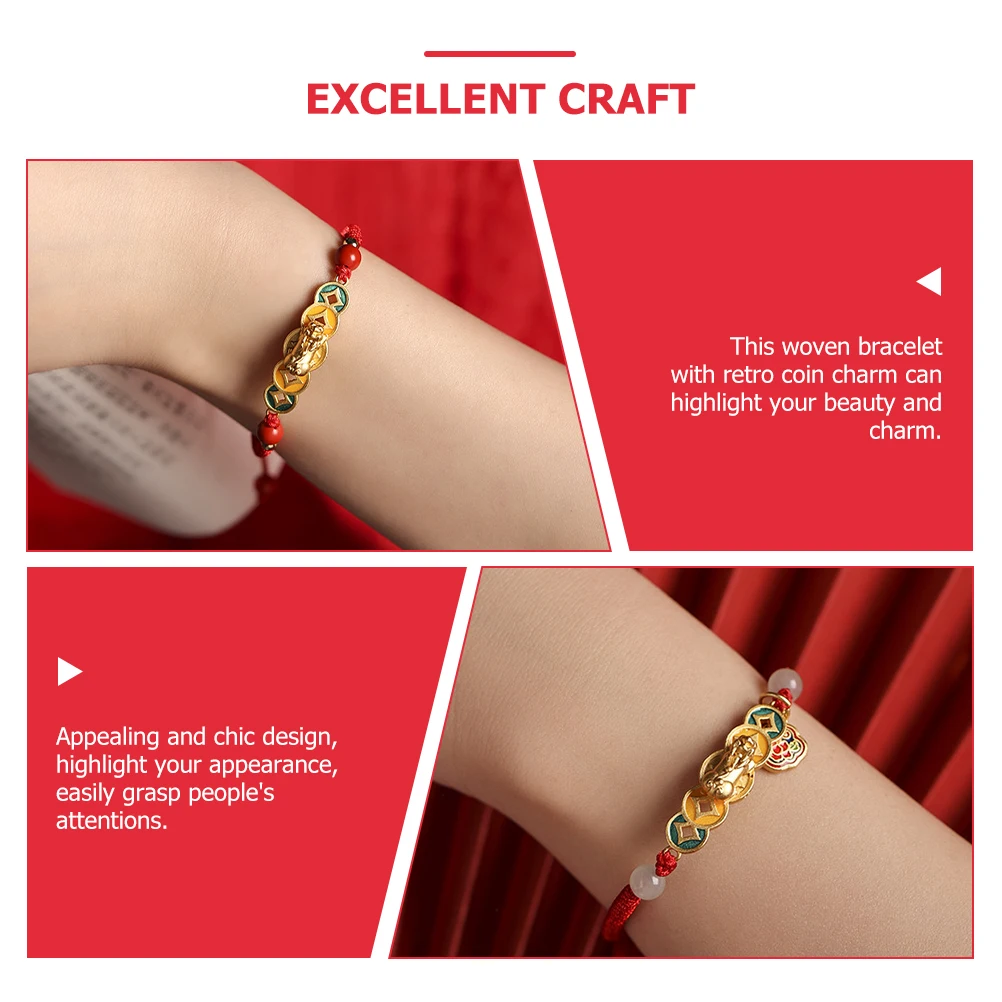 

Pendant Red Rope Bracelet Adjustable String Braclets Women Coin Woven Wrist Accessories Fashion Jewelry Gift