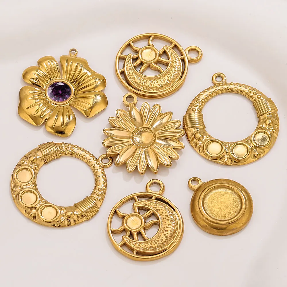 

5Pcs Stainless Steel Charms Bases Golden Flower Moon Blank Cabochon Tray DIY Jewelry Making Accessories in Bulk Women Pendant