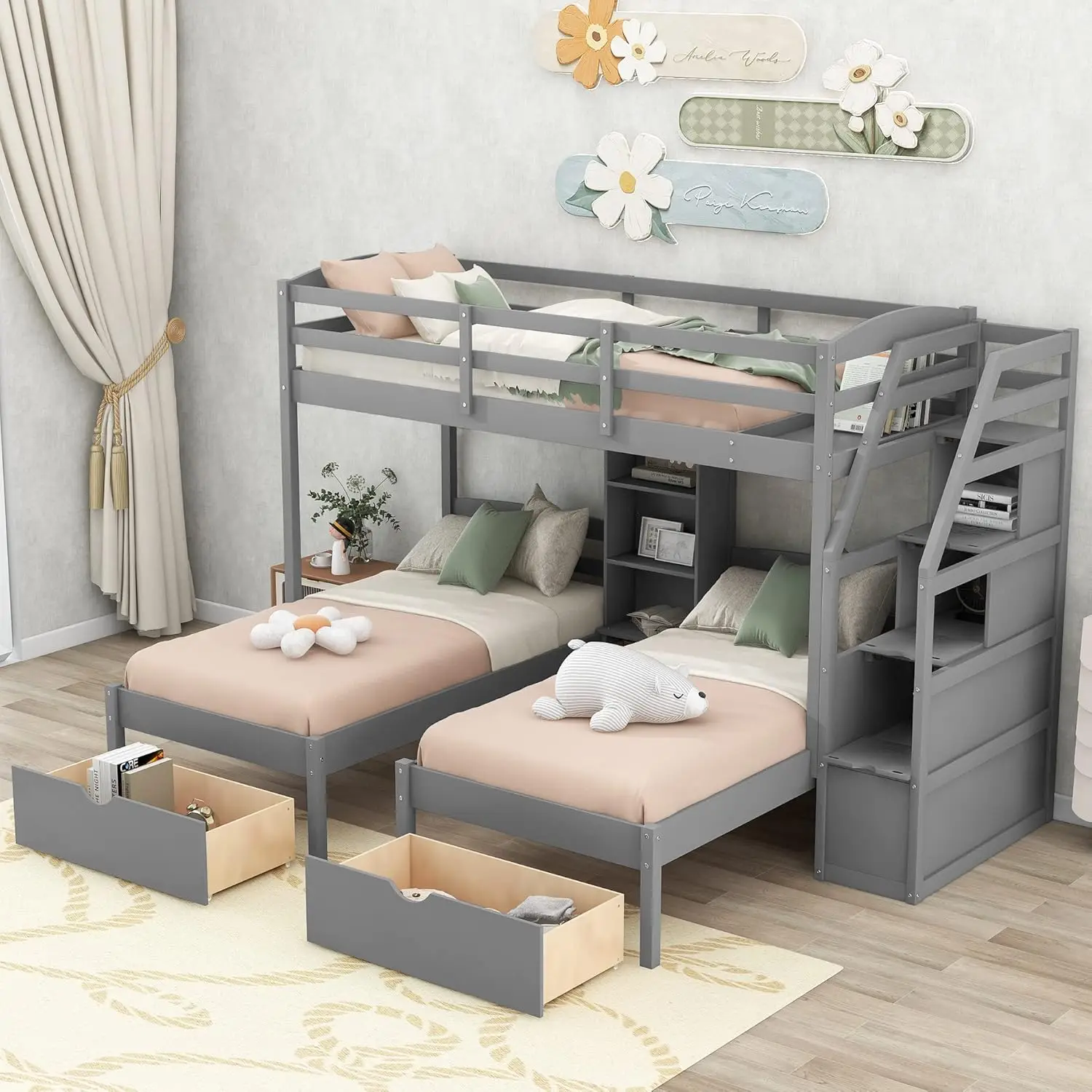 Harper & Bright Designs Woodentriple stapelbedden met trappen en opbergladen, Twin Over Twin stapelbed voor 3 kinderen, 3 stapelbedden