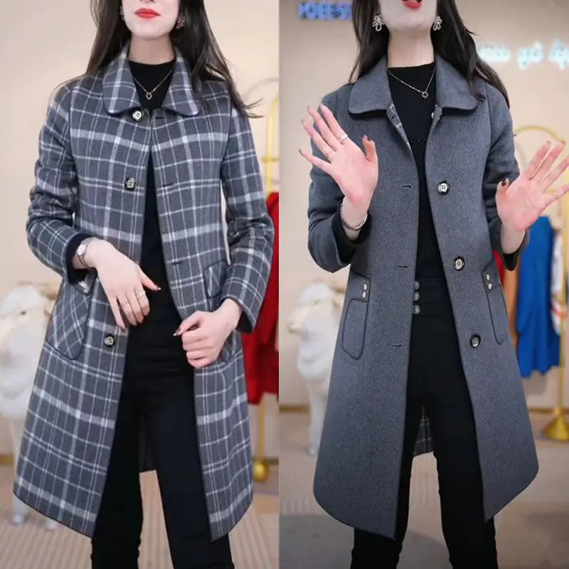 Double sided cashmere coat for women in the autumn and winter of 2023. High quality plaid woolen medium length coat for both sid