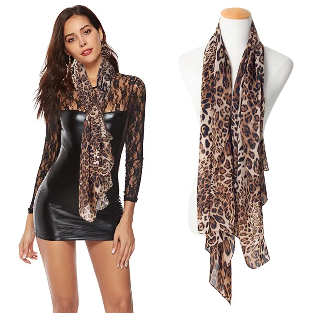 Lenço chiffon com estampa leopardo para mulheres, longos xales macios, lenço multifunções, lenço de seda estilo feminino, moda inverno