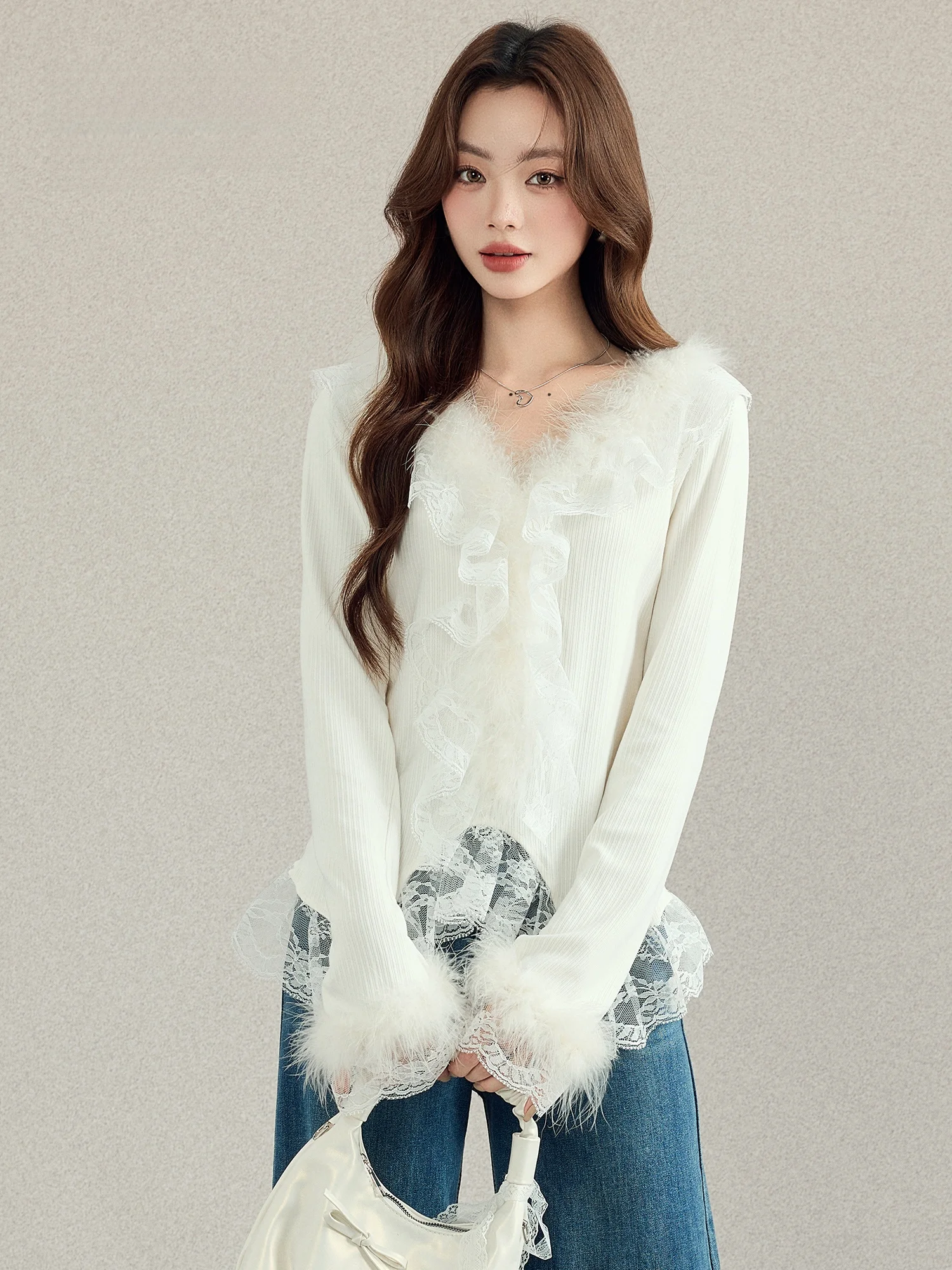 

French Sle Lace Splice Slim Fit Knitted Base Layer Top for Women Early Autumn New Design Sensation Streetwear Sve Long