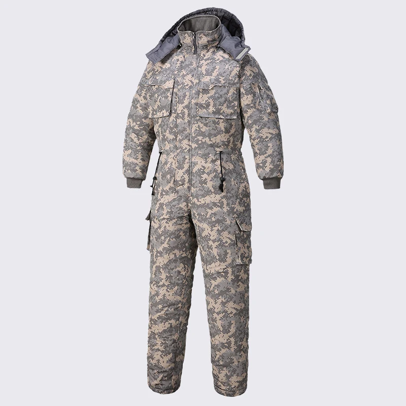 Winter Waterproof Jumpsuit Men Women One-Piece Ski Down Parka Jumpsuit Outdoor Sports Camouflage Jacket Warm Hooded Overalls