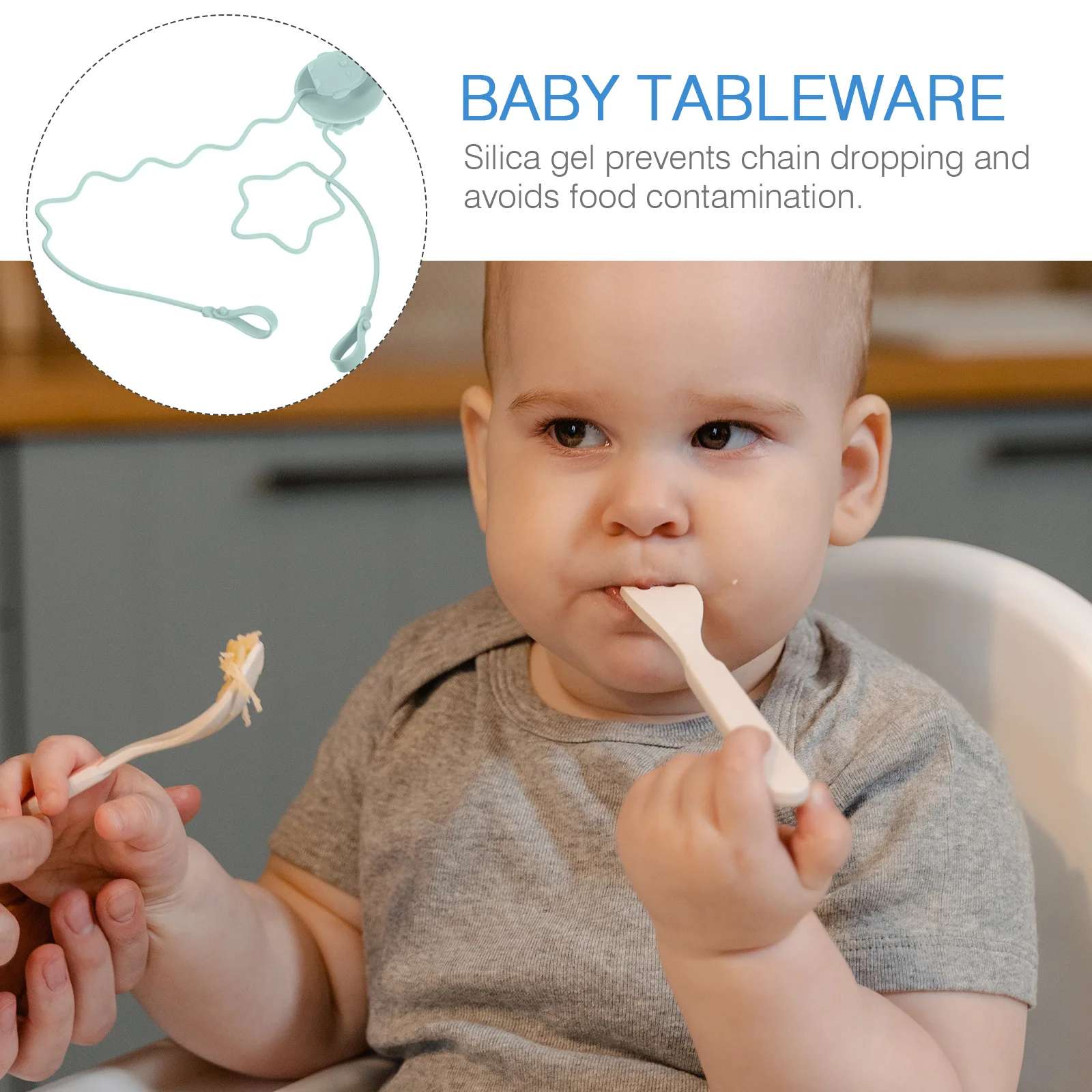 

1 пара тренировочной ложки из нержавеющей стали, вилки, зажим против падения с силиконовой присоской для детской посуды, держатель ремешка