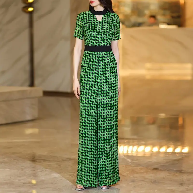 

New High End Houndstooth Women's Jumpsuit Summer Chiffon Short Sleeve High Waist Wide Leg Pants Office Lady Romper