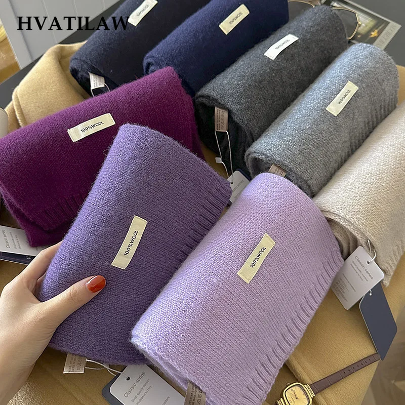 2026 Women Solid Knitted 100% Wool Scarf Soft Thick Neck Wrap Warm Minimalist Label Shawl for Autumn Winter Daily Casual Outfit