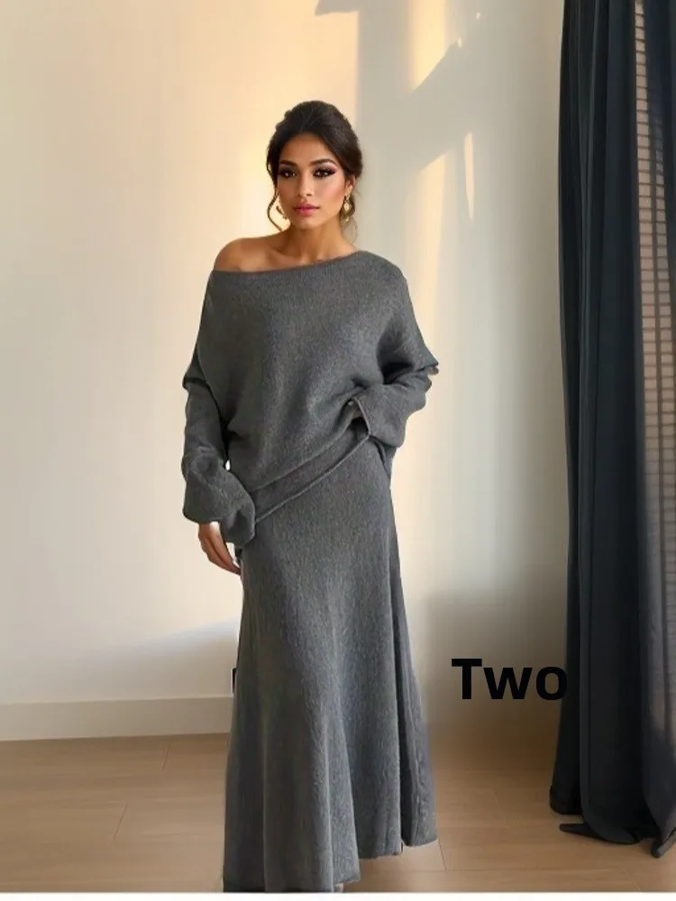 oulder Bared Knitted Sweater And f Skirt Set Women's Faion Ensemble Polyester Fabric Autumn Collection 2023