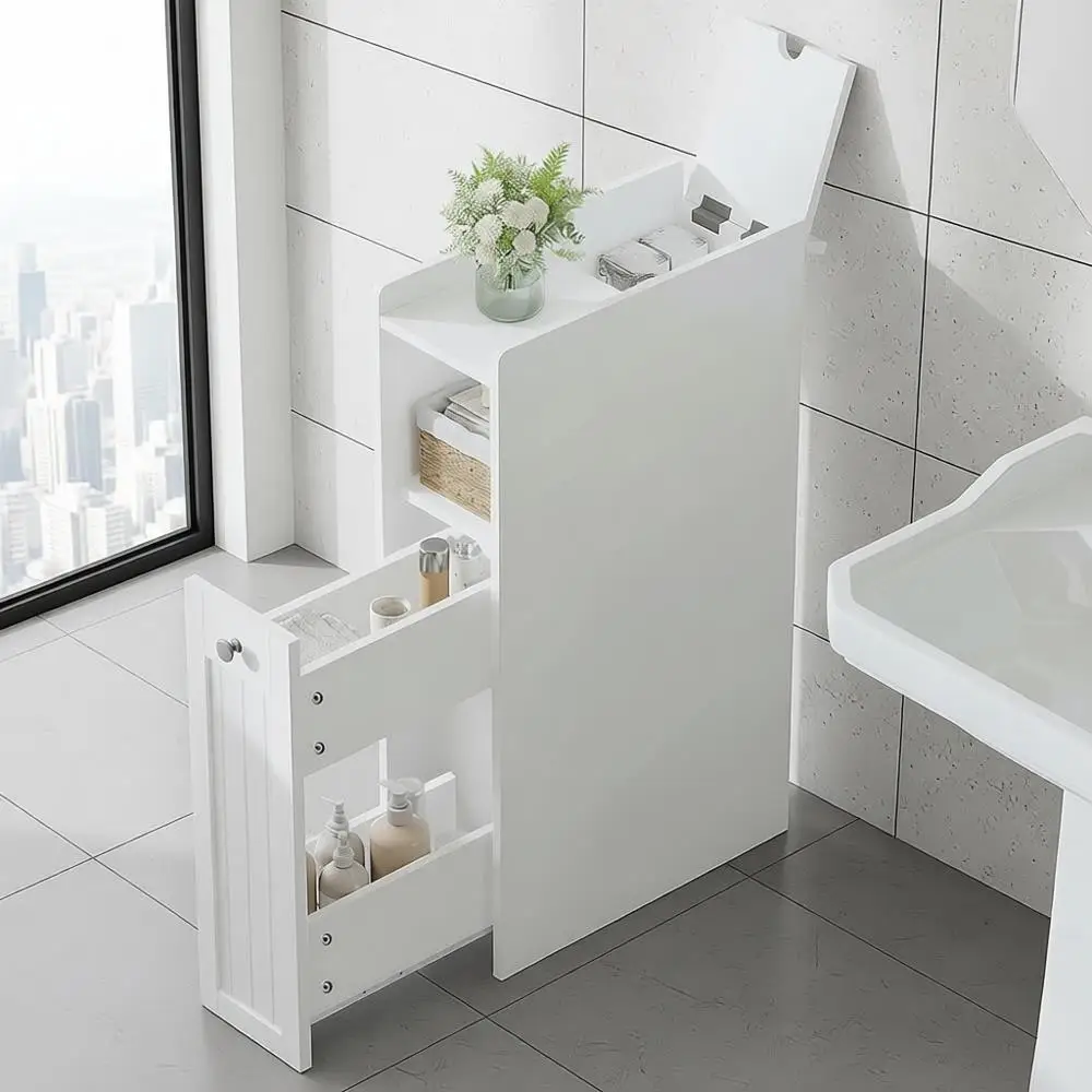 

Slim Bathroom Storage Cabinet, Small Narrow Storage Organizer with Slide Out Drawers, Freestanding Toilet Paper Holder, Bathroom