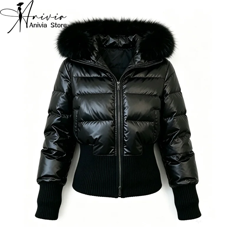 Women's Black White Hooded Long Sleeve Puffer Jacket Y2K Gothic American Streetwear Retro Waist-Cinching Cotton Jacket Winter