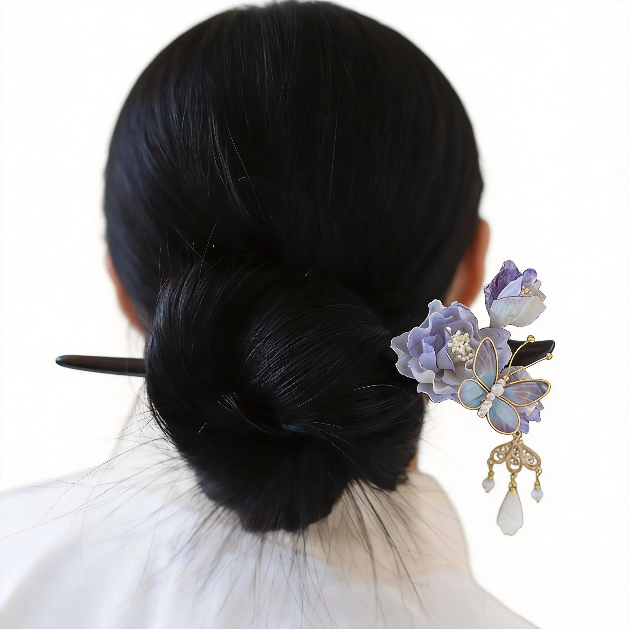 Auspicious Chinese Style Purple Magnolia Flower Tassel Wooden Hair Stick Mesh Butterfly Cheongsam Accessory Traditional Hanfu