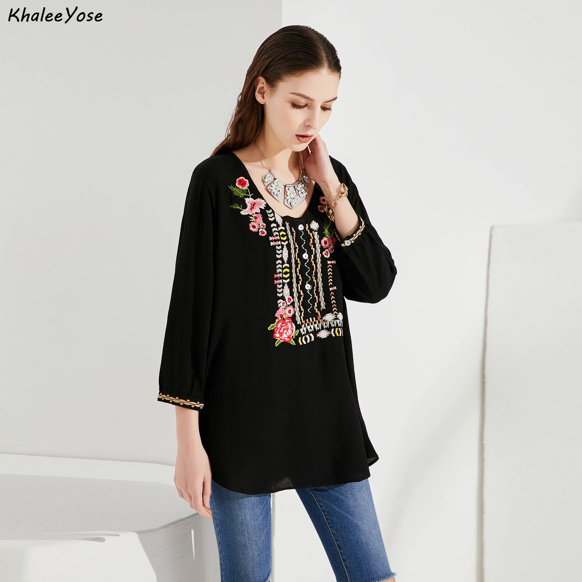 KHALEE YOSE Boho Floral Embroidery Blouses Shirt Autumn Spring Mexican Shirt Long Sleeve Button Front 3xl Ethnic Shirts Tops