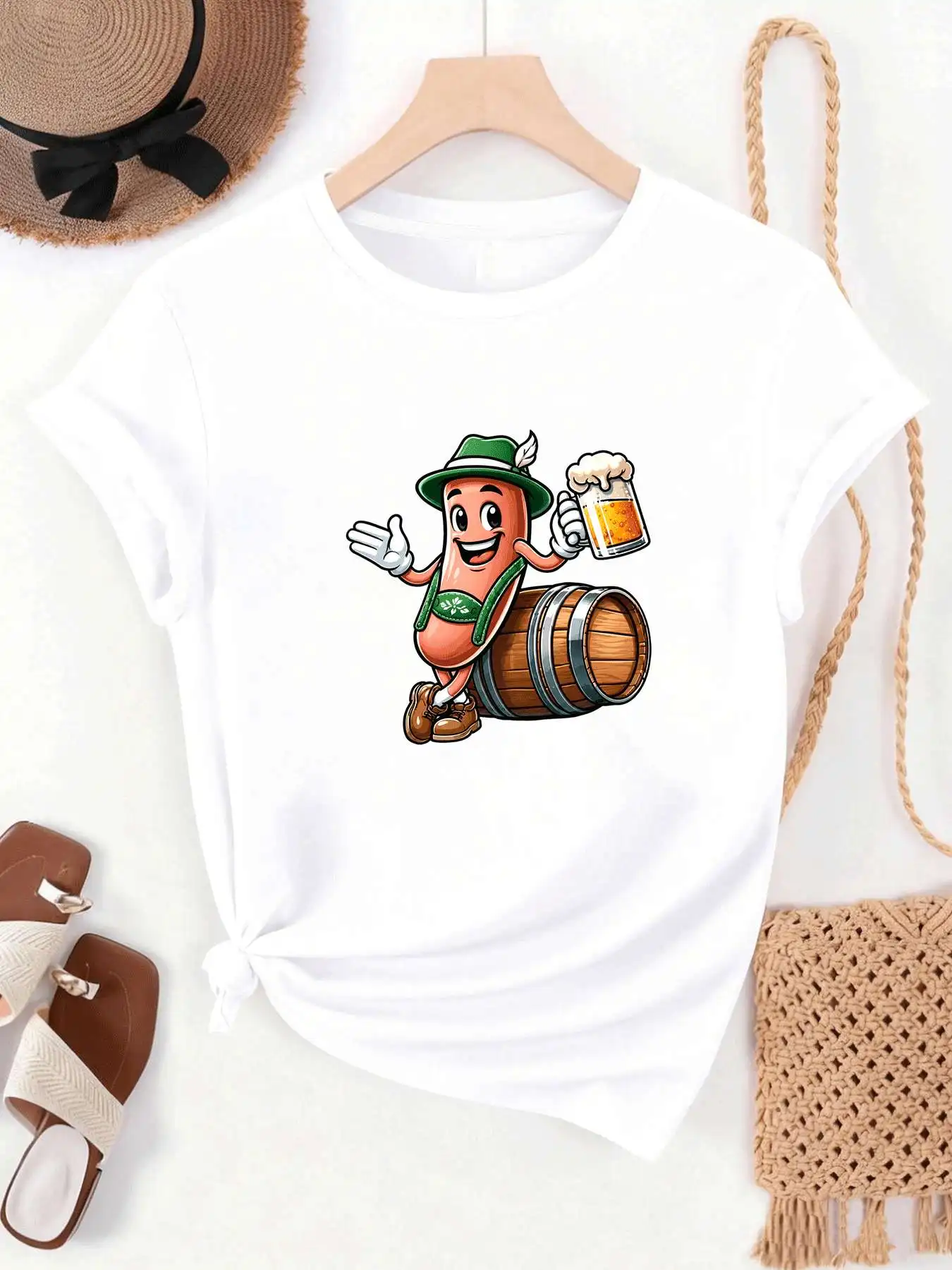 【MYJ062655】Beer Festival women's T-shirt wine barrel small figure pattern round neck short sleeved T-shirt for women