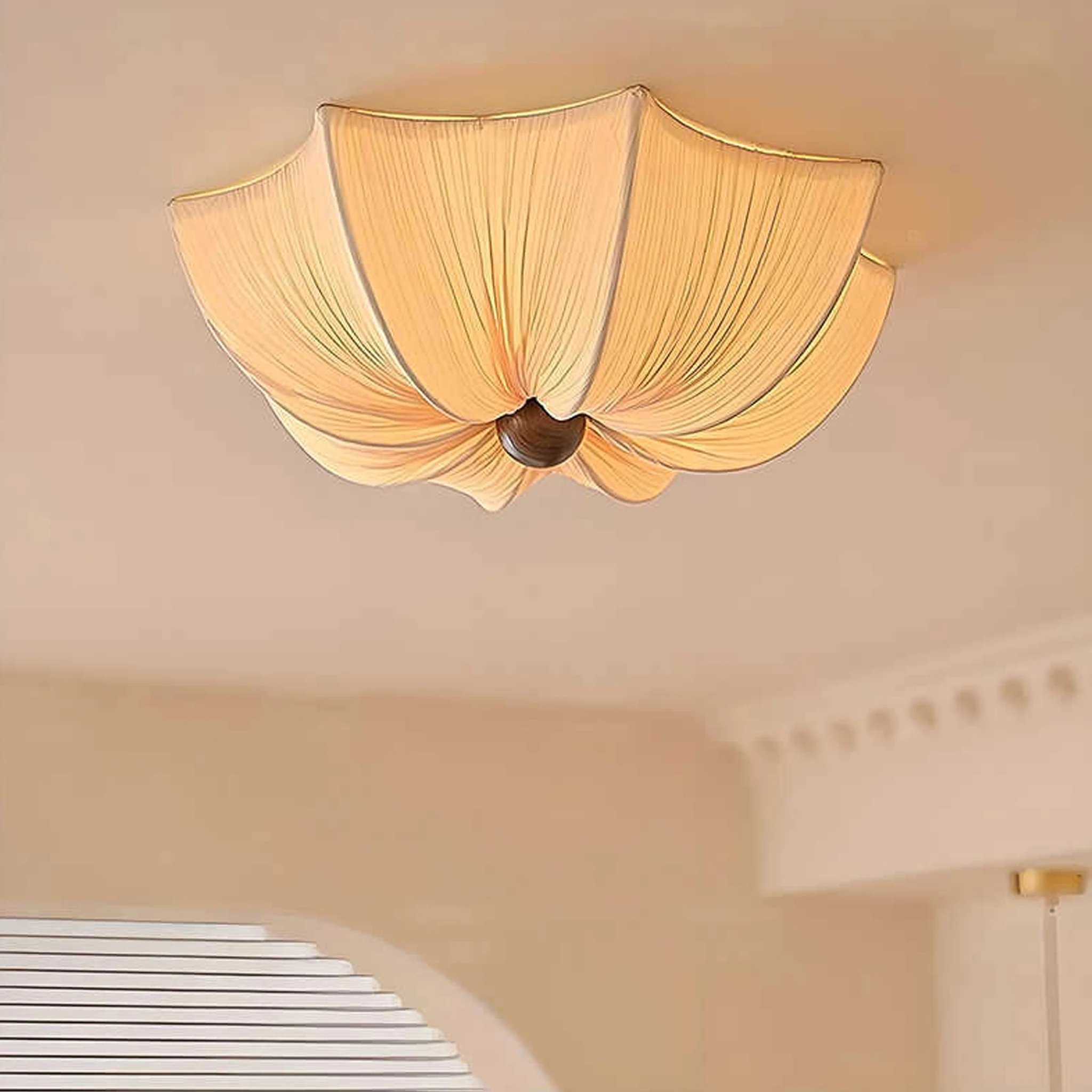 Vintage Lotus Shape Flush Mount Ceiling Light LED Tricolor Pleated Fabric Shade Ceiling Lamp for Bedroom Living Room Dining Room