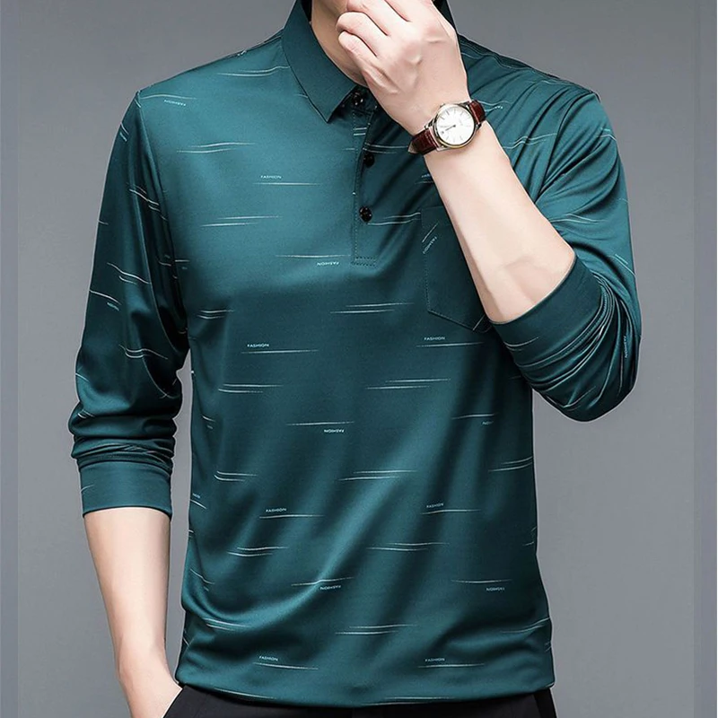 Men\'s Polo Long Sleeve T-shirt Letter Print Spring Autumn tees Loose Bottom Casual Business Clothing Fashion Button Tops