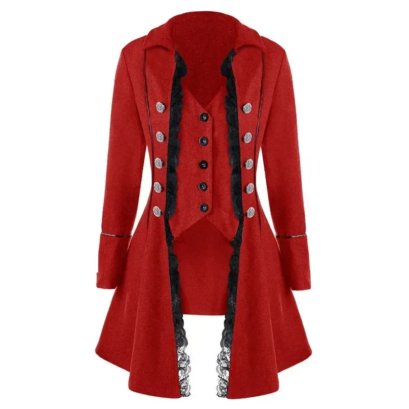 Abito medievale da donna Steampunk Pirata Costumi Cosplay Lace Trim Giacca monopetto Cappotto Abbigliamento gotico vittoriano cm;5