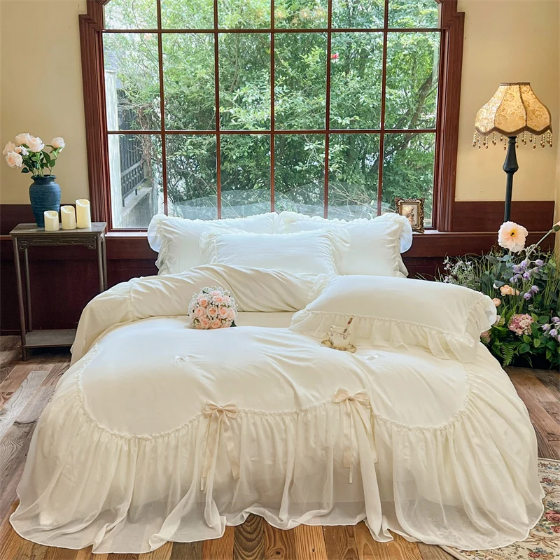 Korean Style Princess Bedding Set Luxury Pure White Lace Embroidery Bow Duvet Cover Bed Sheet Pillowcases