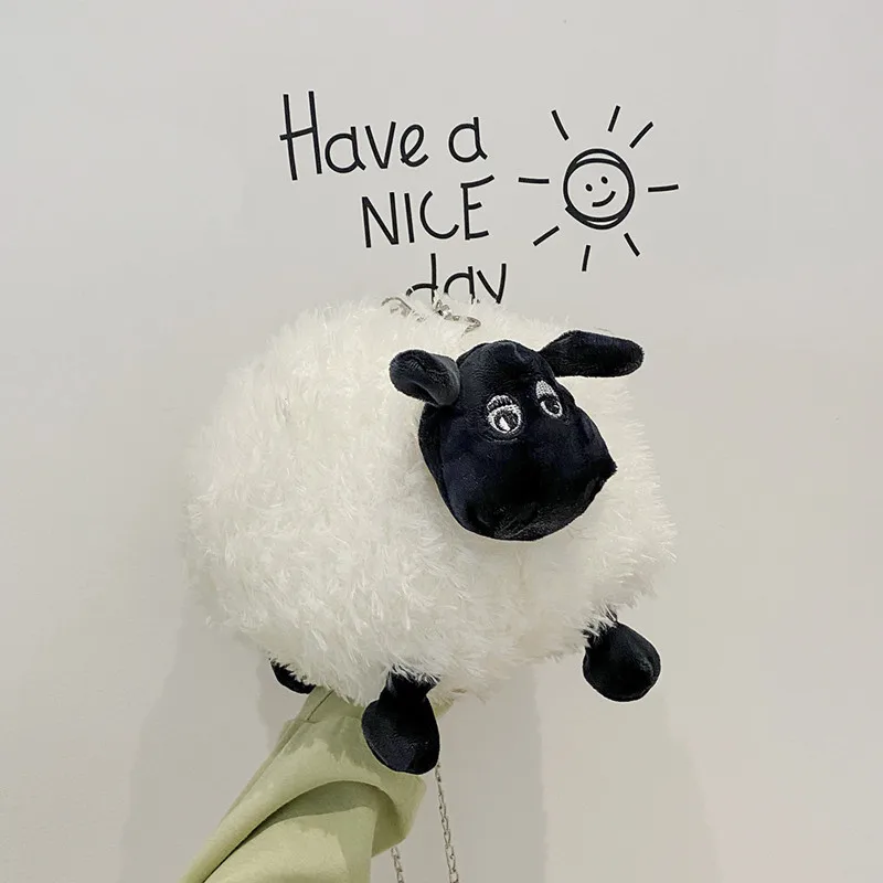 Cute Fluffy Soft Lamb Bag Women Cartoon Sling Bag Fluffy Animal Crossbody Bag Shoulder Bag Fur Soft Strip Bag Plush Back Pack