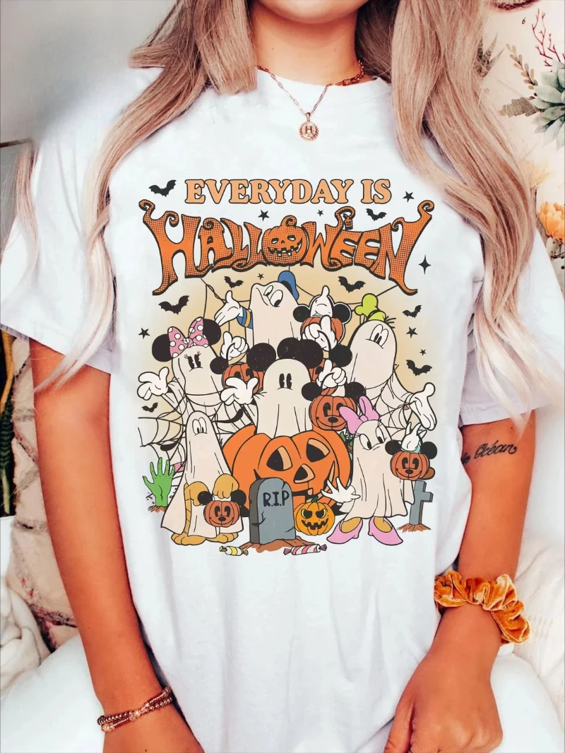 

Лето 2022, новая футболка с принтом Микки и Минни на Хэллоуин, хлопковый модный мужской и женский топ с короткими рукавами