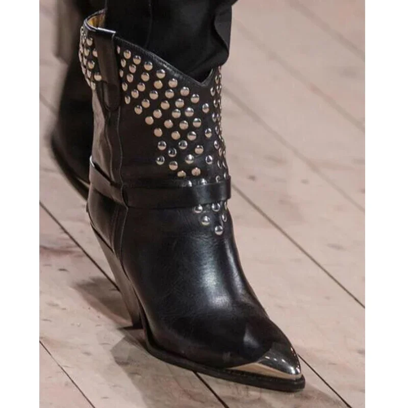 Black Metal Pointed Toe Tapered Heel Short Boots Woman Winter 2025 Black Rivet Shaped-Heel Knight Boots Fashion Shoes for Women