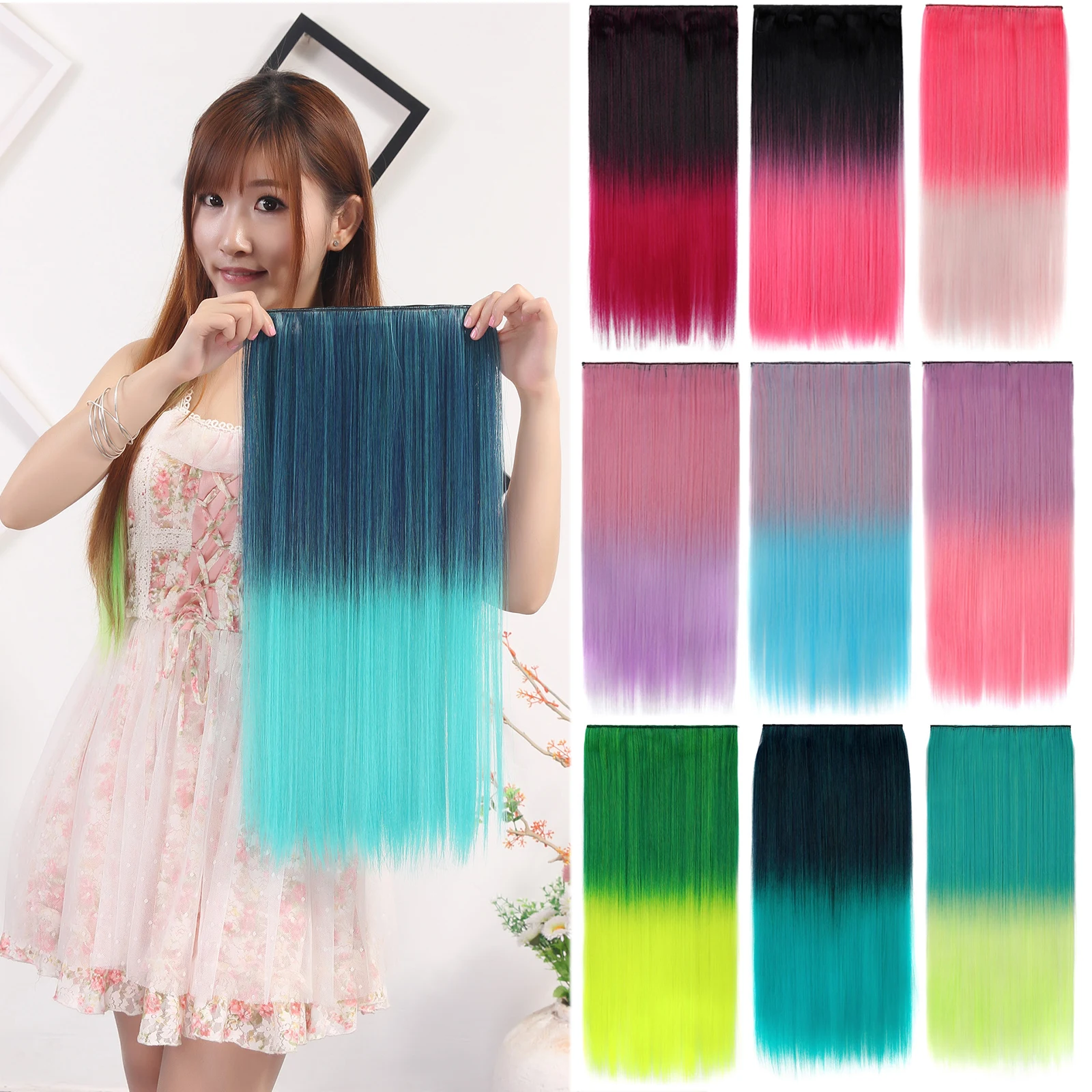 Jeedou Rainbow Hairpieces Clip In Hair Extension Ombre Color One Piece With 5Clips Straight Hair Wig For Girls Halloween Cosplay