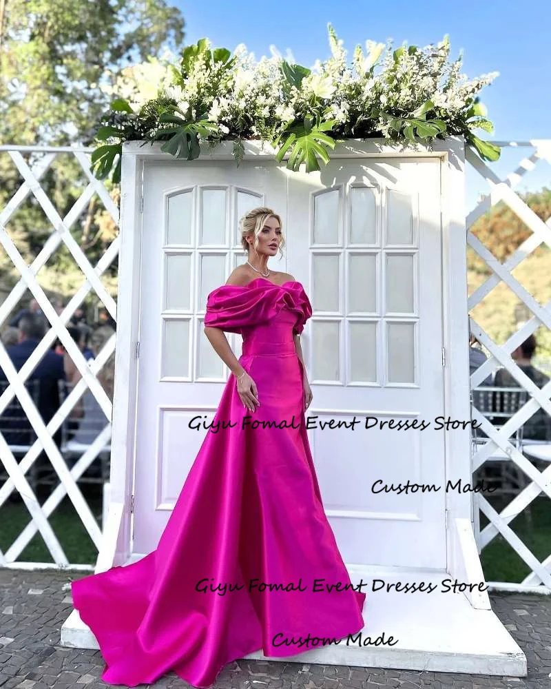 Giyu Hot Pink Evening Dresses Off Shoulder Ruffles Attachable Train Long prom Gowns Formal Party Dress Dubai Arabic Women