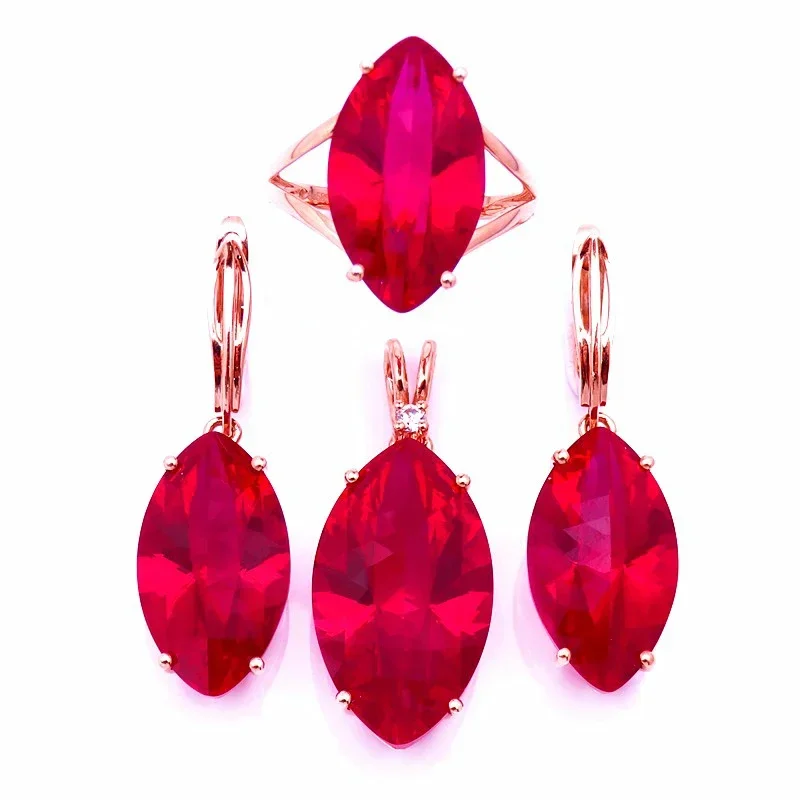 Classic Craftsmanship 585 Purple Gold 14K Rose Gold Inlaid Marquise-shaped Ruby Ladies Jewelry Sets Simple Charm Ring Earrings