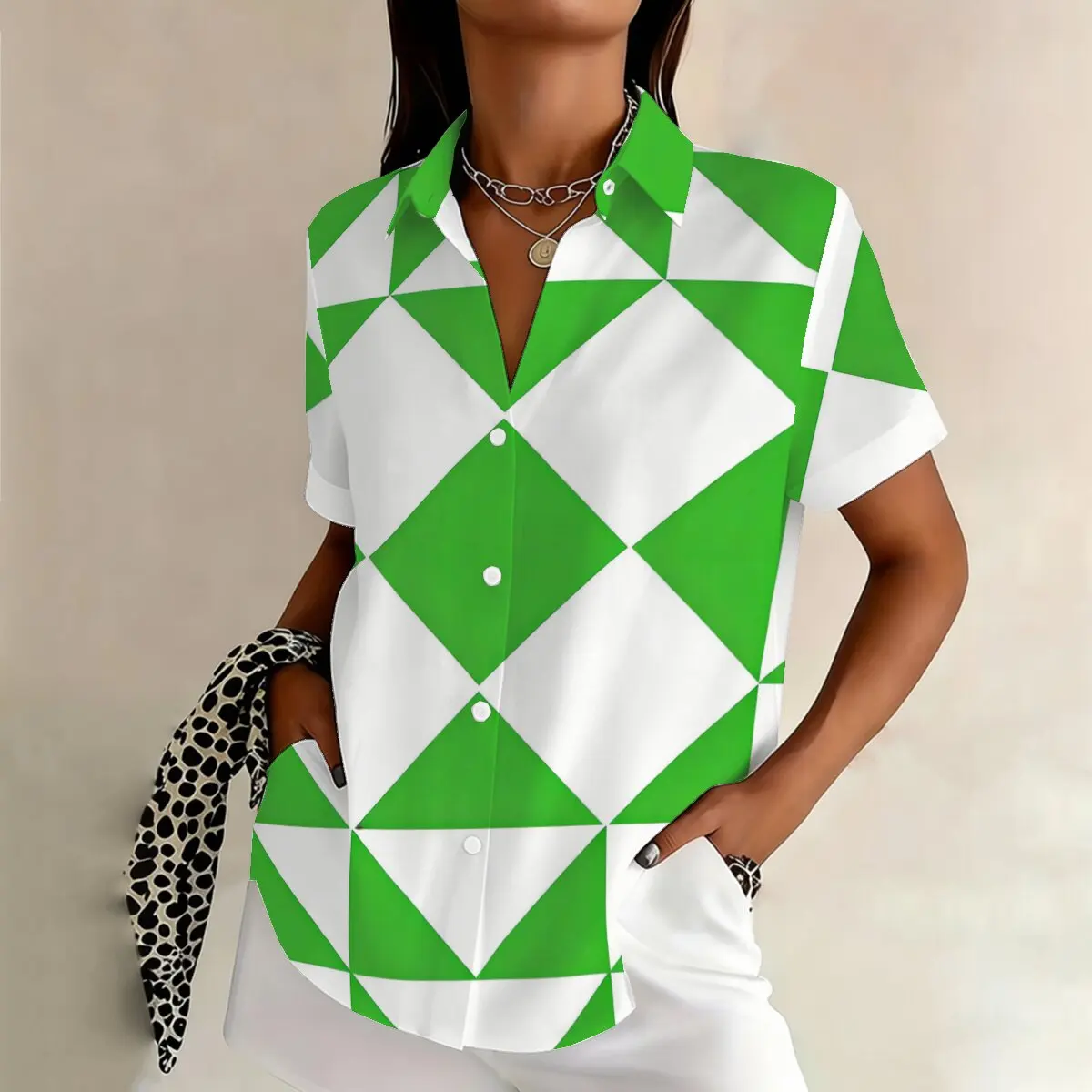 

Minimalist and personalized graphic printed women's summer collar short sleeved shirt, fashionable and versatile daily top