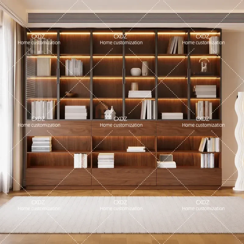 ENF Grade Oak Solid Wood Bookcase with Glass Door Full Wall Display Cabinet Retro Living Room Storage Shelf Integrated