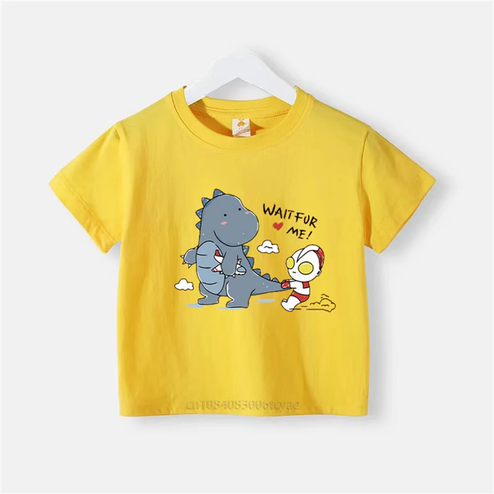 Summer boys cotton printed T-shirt cute baby girl round neck fashion short sleeve children\'s anime Ultraman fight monster top