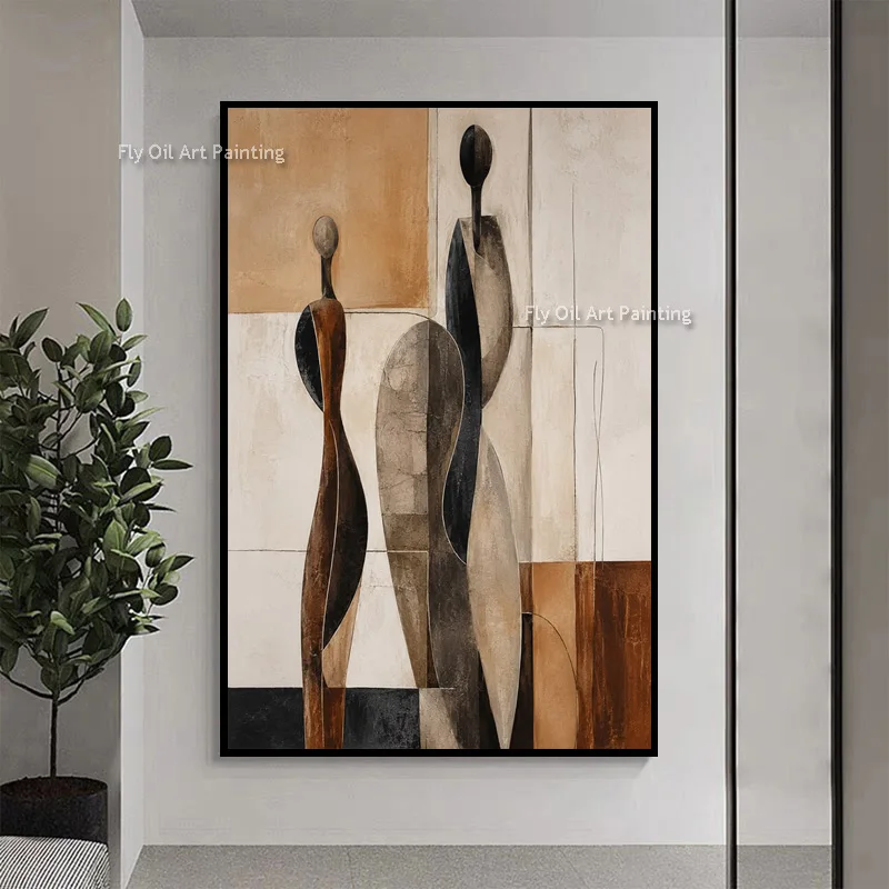 Hand Painted Picasso Style Face Abstract Oil Painting Neutral Earth Tone Cubism Art Vertical Canvas Entryway Wall Decor