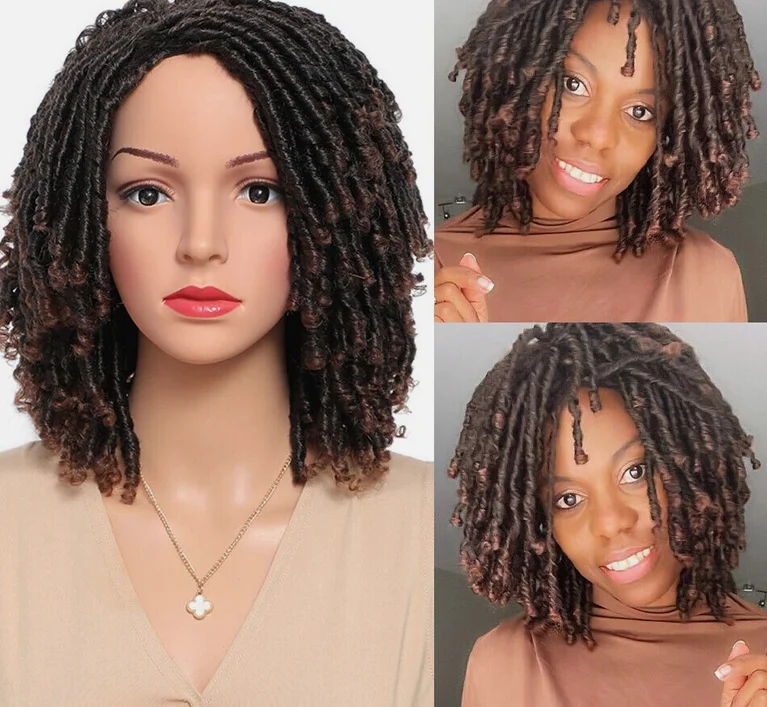 Short Dreadlock Wig Ombre Brown Synthetic Soft Braiding Crochet Twist Hair Wigs