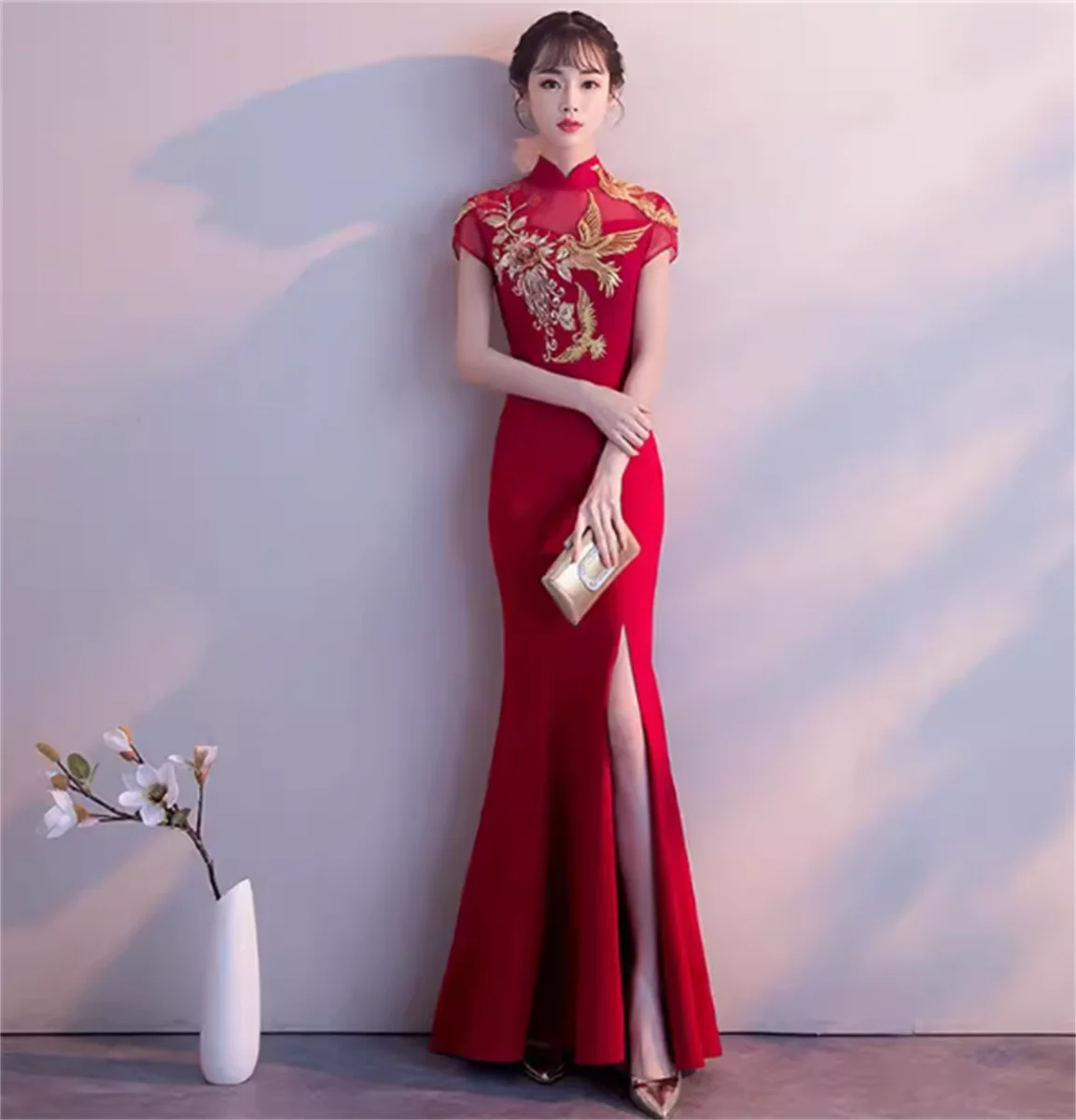 

Chinese Bridal Toast Dress Cheongsam New Summer Red Fish Tail Long Wedding Dress Dress Female Chinese Style