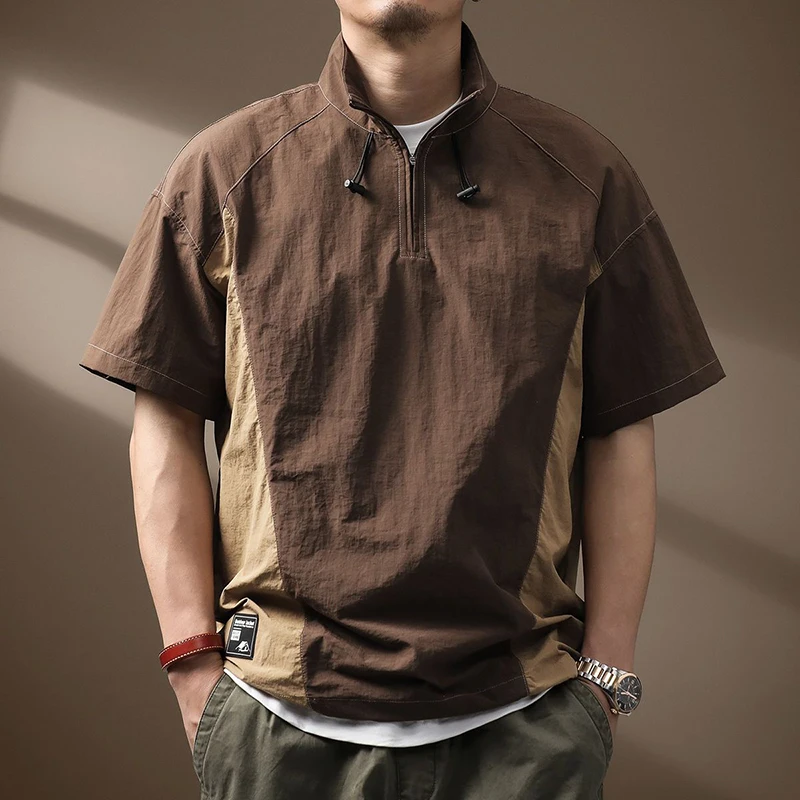 Summer Quick Drying Men Short Sleeve Stand Collar Half Zipper T Shirt Spliced Hit Color Fashion Business Casual 2xl Oversize Top