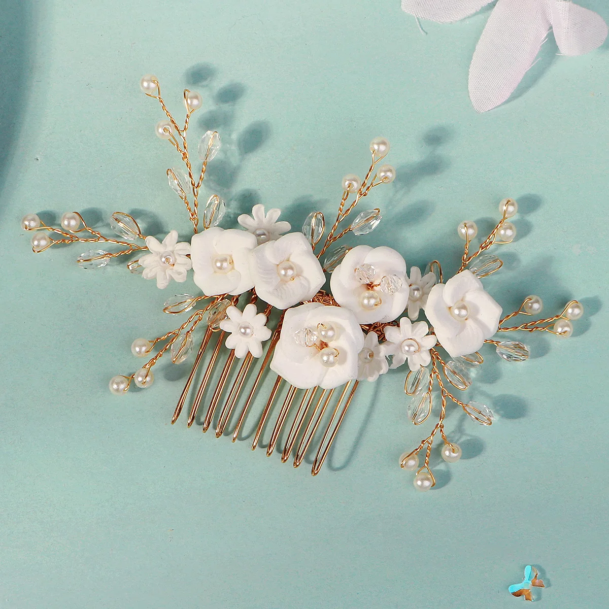 Elegante weiße Polymer Clay Blumen Damen Haarkämme Mode Kristall Perle Haarnadeln Braut Hochzeit Kopfschmuck Schmuck – Detail 13