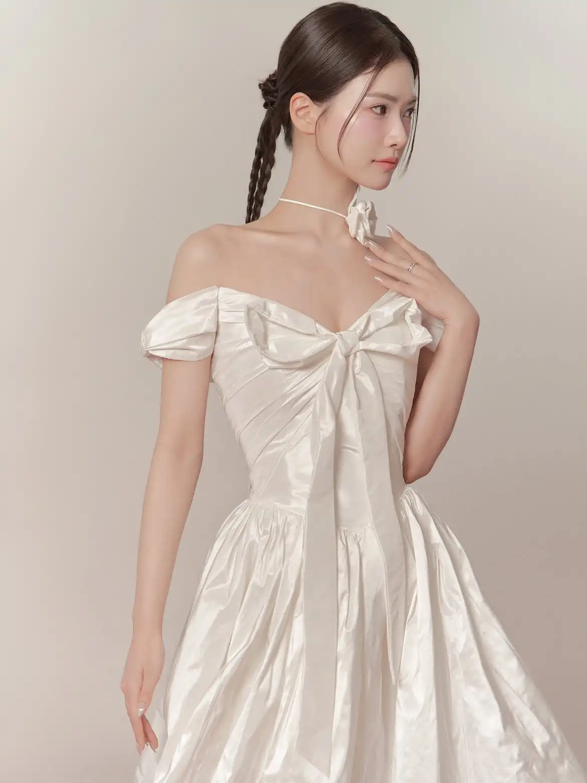 Off‑the‑Shoulder White Wedding Dress Big Bow Puffy Shiny Taffeta A‑Line Bridal Gown Sleeveless Evening Party Dress For Women
