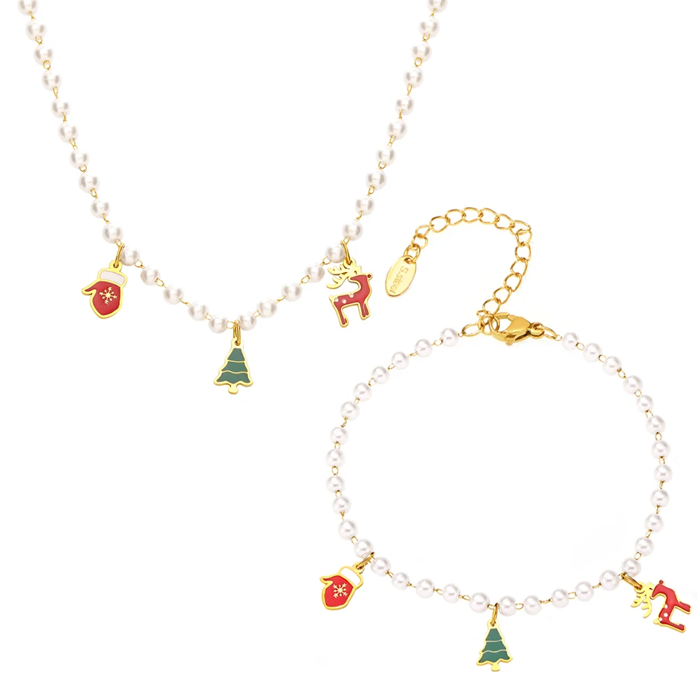 Hirsch-Weihnachtsbaum-Handschuh-Anhänger, Halsketten, Armbänder für Damen, 316L Edelstahl, Imitationsperlen-Strang, Schmuckset – Detail 9