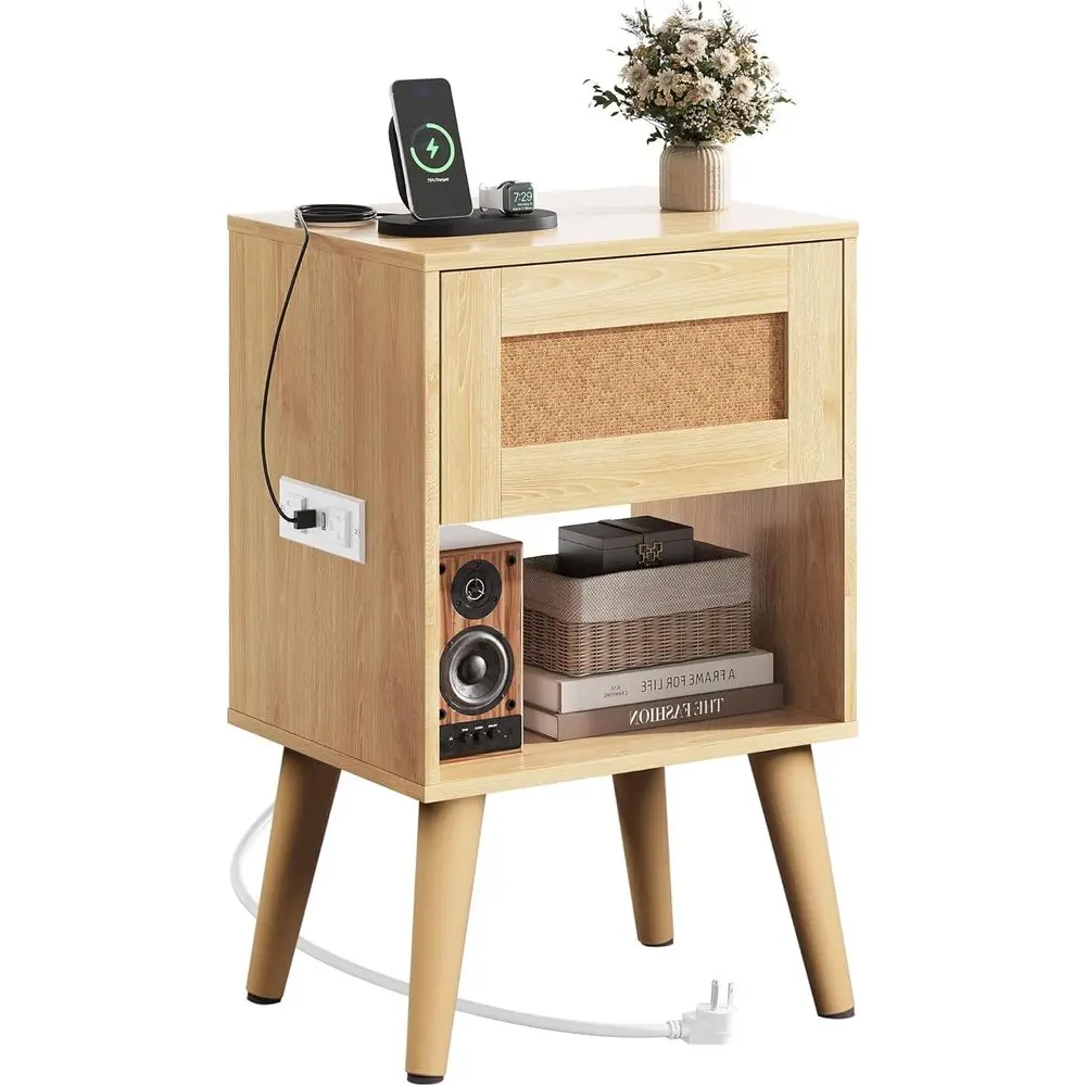 

Charging Station Nightstand for Small Spaces, Natural Oak Boho Style Side Table with Drawer and Storage