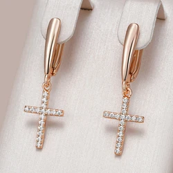 Kinel Hot 585 Rose Gold Color Faith Cross Drop Earring Shiny Natural Zircon Accessories High Quality Daily Fine Jewelry Women