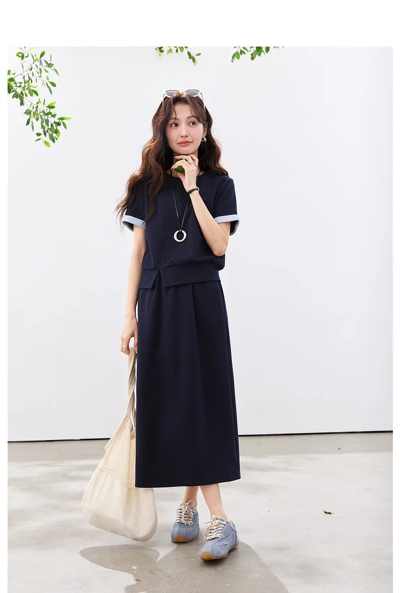 VIMLY Navy Casual Office Women's Suit 2026 Summer Contrast Folded Cuff Short Sleeve Tee Elastic Waist Straight Skirt Sets A6390